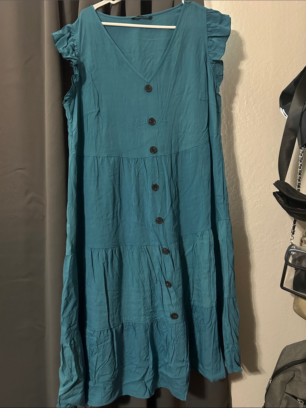 BloomChic Teal Button-Front Tiered Dress - Picture 1 of 4